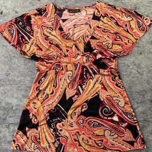 International Concepts Orange V Neck Paisley Flowy Top
